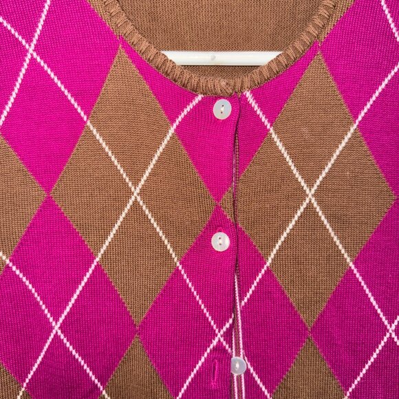 Lands End Womens Argyle Cardigan Sweater L/P 14-16 Button-Up Brown - Picture 3 of 4